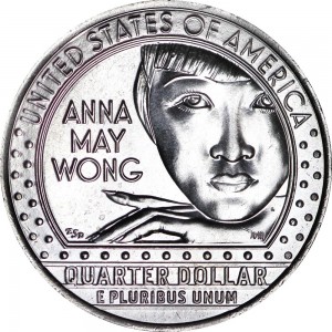 25 cents Quarter Dollar 2022 USA, American Women, Anna May Wong, mint mark D price, composition, diameter, thickness, mintage, orientation, video, authenticity, weight, Description