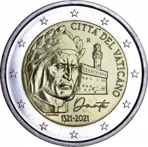 2 euro 2021 Vatican, 700th anniversary of the death of Dante Alighieri price, composition, diameter, thickness, mintage, orientation, video, authenticity, weight, Description