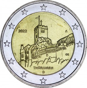 2 евро 2022 Германия, Федеральная земля Тюрингия, замок Вартбург, двор A