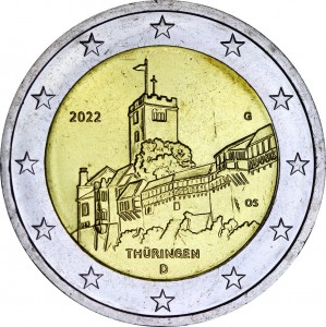 2 евро 2022 Германия, Федеральная земля Тюрингия, замок Вартбург, двор G