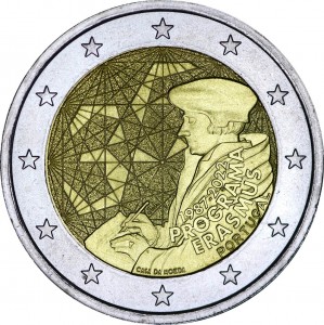 2 euro 2022 Portugal, 35th anniversary of the Erasmus program price, composition, diameter, thickness, mintage, orientation, video, authenticity, weight, Description