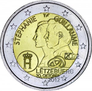 2 euro 2022 Luxembourg, 10th anniversary of the wedding of Grand Duke Guillaume and Grand Duchess Stephanie price, composition, diameter, thickness, mintage, orientation, video, authenticity, weight, Description