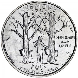 25 центов 2001 США Вермонт (Vermont) двор D цена, стоимость