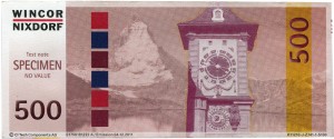 500 units 2011, test banknote for setting up ATMs Switzerland, out of circulation