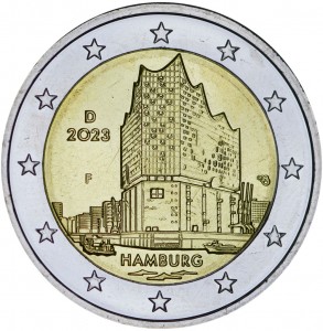 2 euro 2023 Germany Hamburg, Elbe Philharmonic mint F price, composition, diameter, thickness, mintage, orientation, video, authenticity, weight, Description