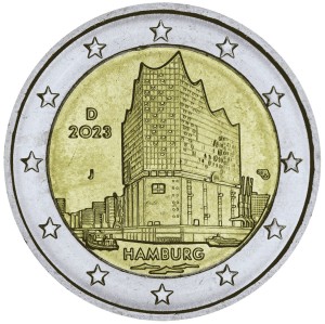 2 евро 2023 Германия Гамбург, Эльбская филармония двор J цена, стоимость