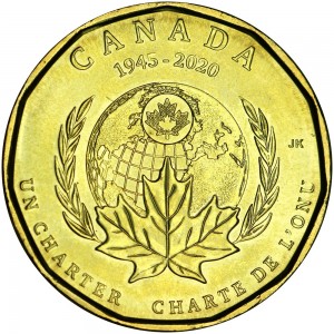 1 dollar 2020 Canada 75 years of the United Nations price, composition, diameter, thickness, mintage, orientation, video, authenticity, weight, Description