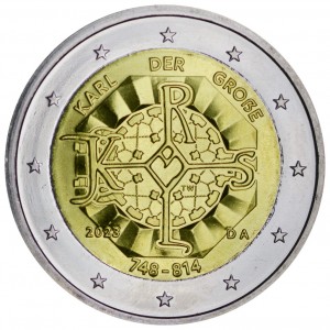 2 euro 2023 Germany,1275 years since the birth of Carolus Magnus, mint A price, composition, diameter, thickness, mintage, orientation, video, authenticity, weight, Description