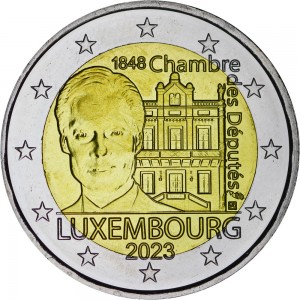 2 euro 2023 Luxembourg, 175 years of the Chamber of Deputies price, composition, diameter, thickness, mintage, orientation, video, authenticity, weight, Description