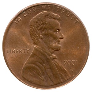 1 cent 2001 USA Lincoln, mint D, from circulation