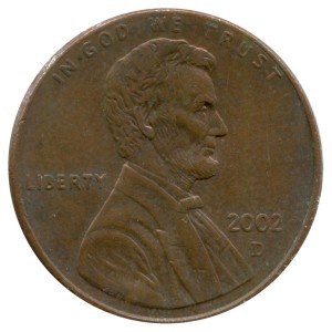 1 cent 2002 USA Lincoln, mint D, from circulation