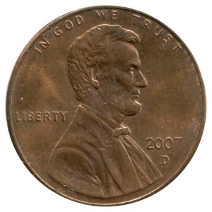 1 cent 2007 USA Lincoln, mint D, from circulation