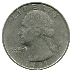 25 cents Washington quarter 1991 USA, mint D, from circulation price, composition, diameter, thickness, mintage, orientation, video, authenticity, weight, Description