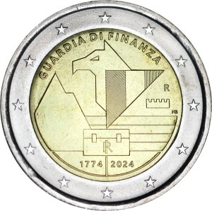 2 euro 2024 Italy, 250 years of the Financial Guard price, composition, diameter, thickness, mintage, orientation, video, authenticity, weight, Description