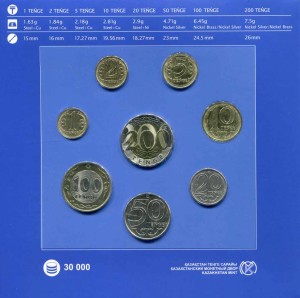 Set 1, 2, 5, 10, 20, 50, 100, 200 tenge 2023 Kazakhstan, regular minted coins, 8 coins price, composition, diameter, thickness, mintage, orientation, video, authenticity, weight, Description