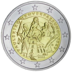 2 euro 2024 Germany 175 years of the Paulskirche Constitution, mint D price, composition, diameter, thickness, mintage, orientation, video, authenticity, weight, Description