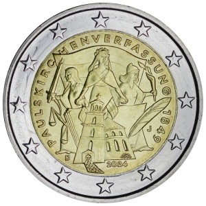 2 euro 2024 Germany 175 years of the Paulskirche Constitution, mint J price, composition, diameter, thickness, mintage, orientation, video, authenticity, weight, Description