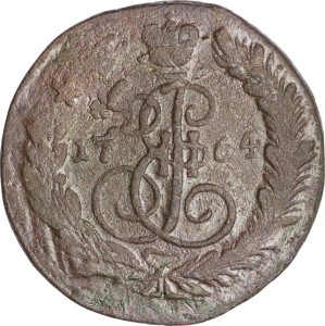 5 копеек 1764 ЕМ Россия, Екатерина 2, перечекан из 10 копеек 1762 барабаны, состояние на фото