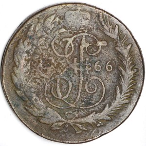 5 копеек 1766 СПМ Россия, Екатерина II, перечекан из 10 копеек 1762 Барабанов, состояние на фото