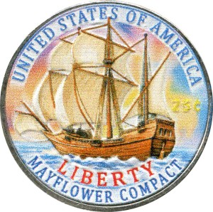 25 центов 2026 США, Корабль, парусник, Мэйфлауэр, 250 лет Независимости (цветная)