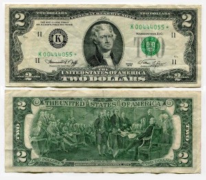 2 Dollar 1976 USA  Zimmer mit einem Stern, eine Reihe von Substitutionen, Banknote aus dem Verkehr