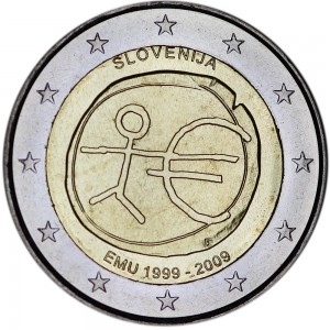 2 евро 2009, 10 лет Экономическому и валютному союзу, Словения цена, стоимость