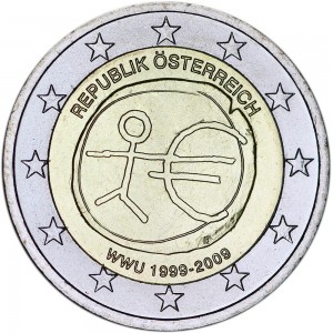 2 евро 2009, 10 лет Экономическому и валютному союзу, Австрия цена, стоимость