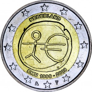 2 евро 2009, 10 лет Экономическому и валютному союзу, Нидерланды цена, стоимость