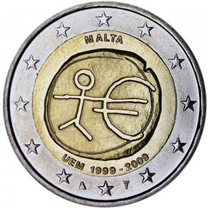 2 евро 2009, 10 лет Экономическому и валютному союзу, Мальта цена, стоимость