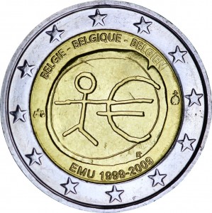 2 евро 2009, 10 лет Экономическому и валютному союзу, Бельгия цена, стоимость