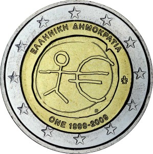 2 euro 2009, Economic and Monetary Union, Greece price, composition, diameter, thickness, mintage, orientation, video, authenticity, weight, Description