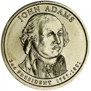 1 доллар 2007 США, 2-й президент Джон Адамс двор D цена, 1 доллар серии Президентские доллары США, стоимость