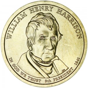 1 доллар 2009 США, 9-й президент Уильям Генри Гаррисон двор D цена, 1 доллар серии Президентские доллары США, стоимость