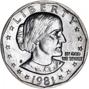 1 dollar 1981 USA Susan B. Anthony mint mark S (rare year and mint mark) price, composition, diameter, thickness, mintage, orientation, video, authenticity, weight, Description