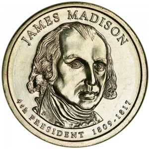 1 доллар 2007 США, 4-й президент Джеймс Мэдисон двор D цена, 1 доллар серии Президентские доллары США, стоимость