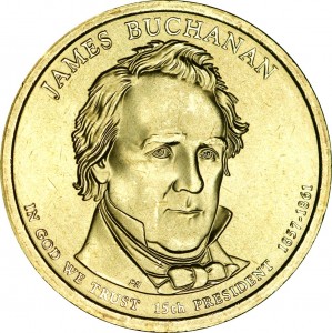 1 доллар 2010 США, 15-й президент Джеймс Бьюкенен двор D цена, 1 доллар серии Президентские доллары США, стоимость