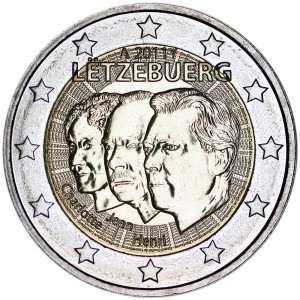 2 евро 2011 Люксембург, 50 лет назначения наследного Великого герцога Люксембурга Жана титулом «лейтенант-представитель» Великой герцогини Шарлотты цена, стоимость
