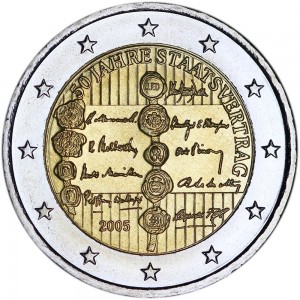 2 евро 2005, Австрия, 50 лет австрийскому государственному договору цена, стоимость