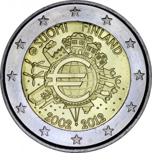 2 euro 2012, 10 years of Euro, Finland  price, composition, diameter, thickness, mintage, orientation, video, authenticity, weight, Description