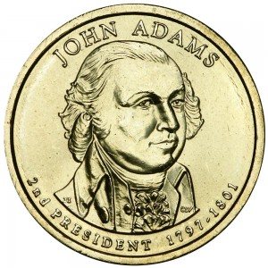 1 доллар 2007 США, 2-й президент Джон Адамс двор Р цена, 1 доллар серии Президентские доллары США, стоимость