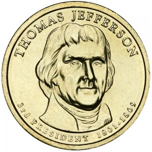 1 доллар 2007 США, 3-й президент Томас Джефферсон двор Р цена, 1 доллар серии Президентские доллары США, стоимость