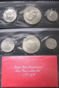 A Set Dollar, 50 cents, 25 cents 1976 UNC  in the envelope. price, composition, diameter, thickness, mintage, orientation, video, authenticity, weight, Description