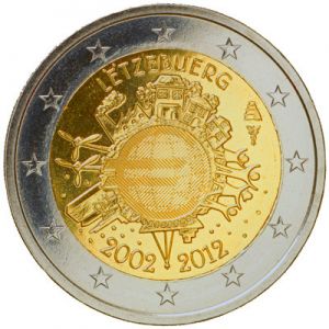 2 euro 2012, 10 years of Euro, Luxembourg price, composition, diameter, thickness, mintage, orientation, video, authenticity, weight, Description