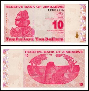 10 долларов 2009 Зимбабве, банкнота, хорошее качество XF