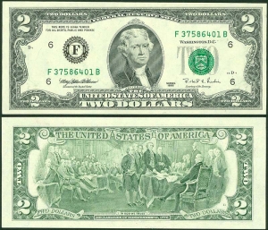 2 доллара 1995 США (F - Атланта), банкнота, хорошее качество XF
