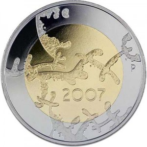 5 евро 2007, Финляндия, 90 лет независимости Финляндии цена, стоимость