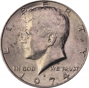 Half Dollar 1974 USA Kennedy mint mark D price, composition, diameter, thickness, mintage, orientation, video, authenticity, weight, Description