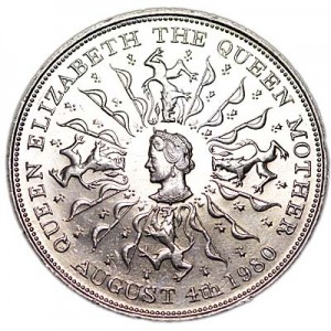 Crown 1980 80-anniversary of the queen mother price, composition, diameter, thickness, mintage, orientation, video, authenticity, weight, Description