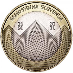 3 euro 2011 Slovenia 20th anniversary of Slovenia's independence price, composition, diameter, thickness, mintage, orientation, video, authenticity, weight, Description
