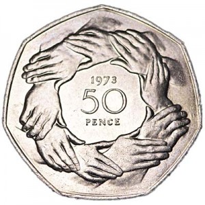 50 Pence 1973 Vereinigtes Königreich, Einstieg in die Europäische Wirtschaftsgemeinschaft Preis, Komposition, Durchmesser, Dicke, Auflage, Gleichachsigkeit, Video, Authentizitat, Gewicht, Beschreibung